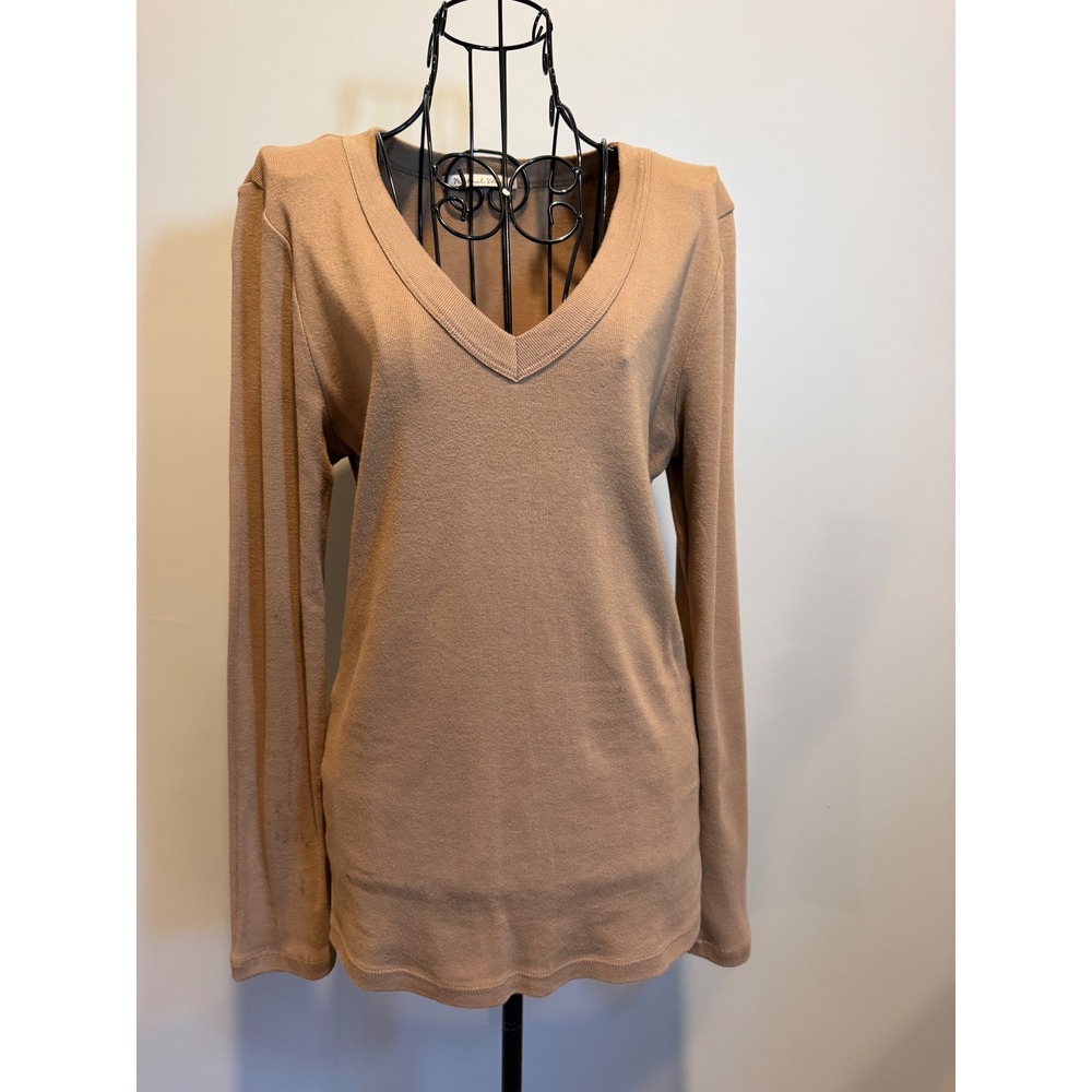 Michael Stars Women Tan Ribbed V-Neck Long Sleeve Cotton Top OS Made in USA